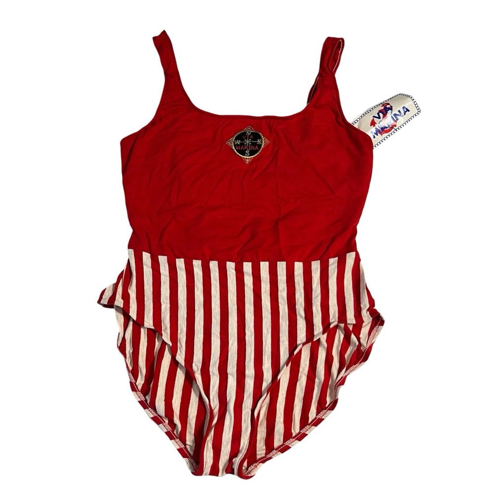Vintage Via Marina Swimsuit Womens 16 Red Striped Nautical One Piece USA Cotton